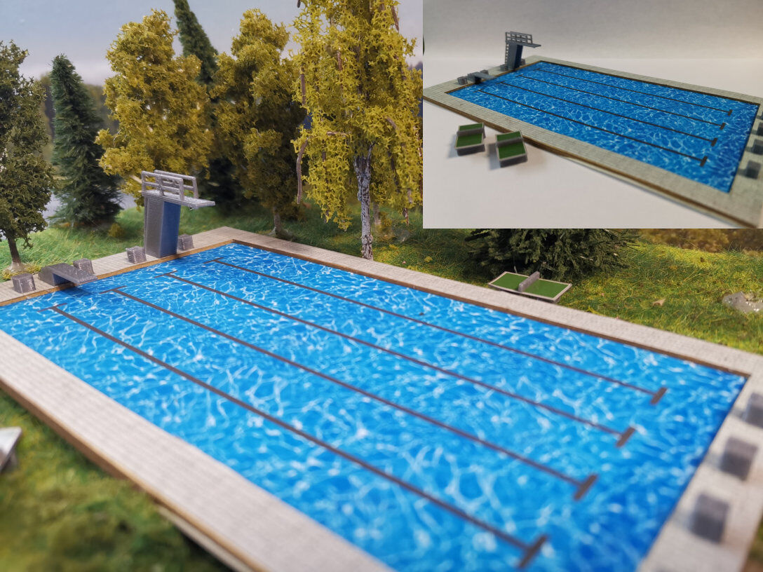 Schwimmbad 25m Bahn Spur N Groß | Bausatz | Freibad mit Sprungturm |1:160