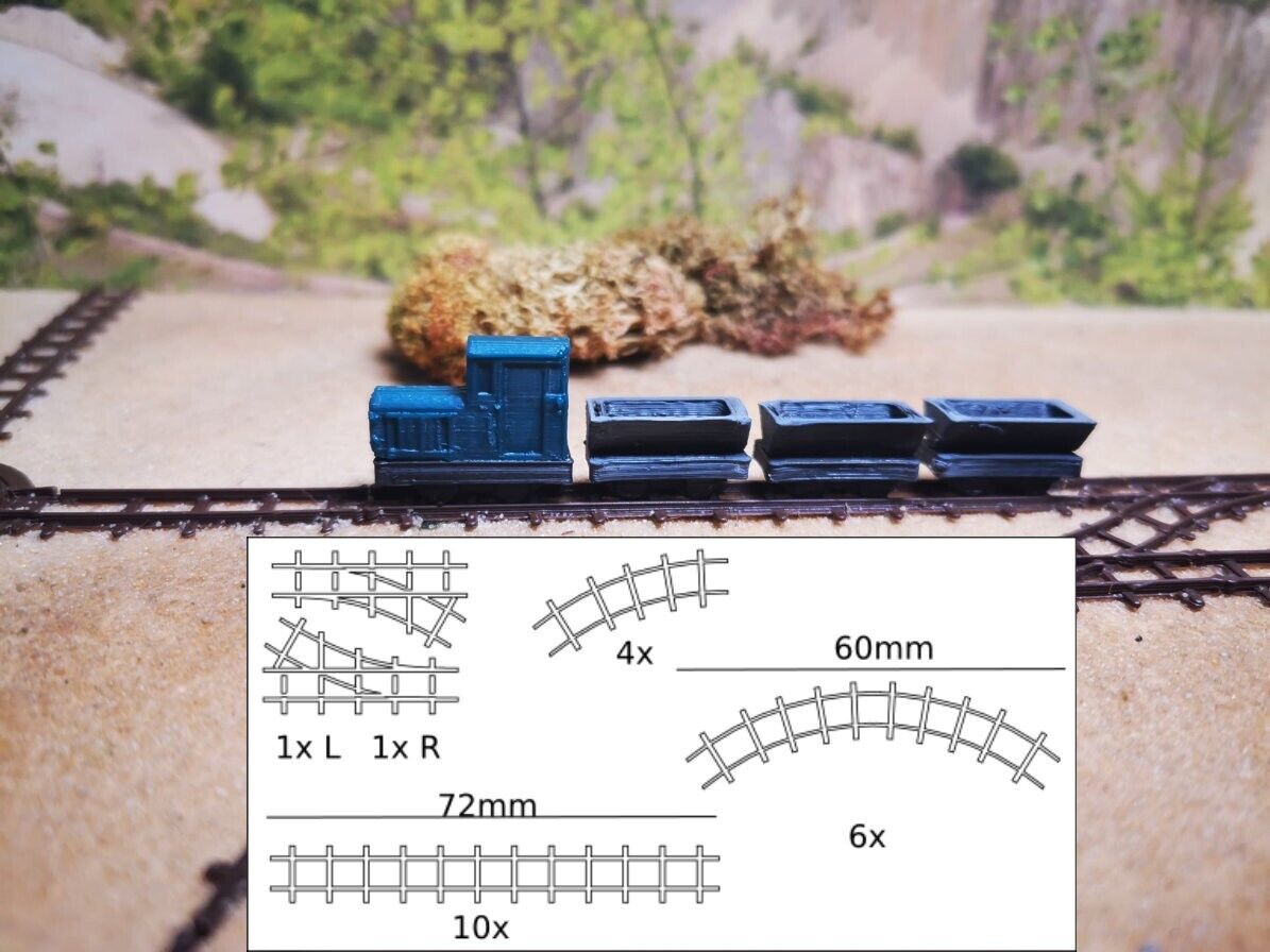 Feldbahn-Set 1 x Diesellok + 3 Loren + Weichen und Schienen Spur N | Bausatz
